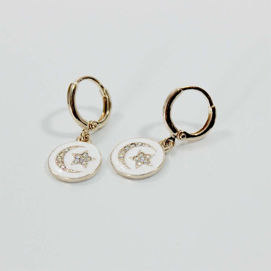 Coloured Round Disc with Moon & Star Drop Earrings - CE - 2798 - GWT - Uneeka