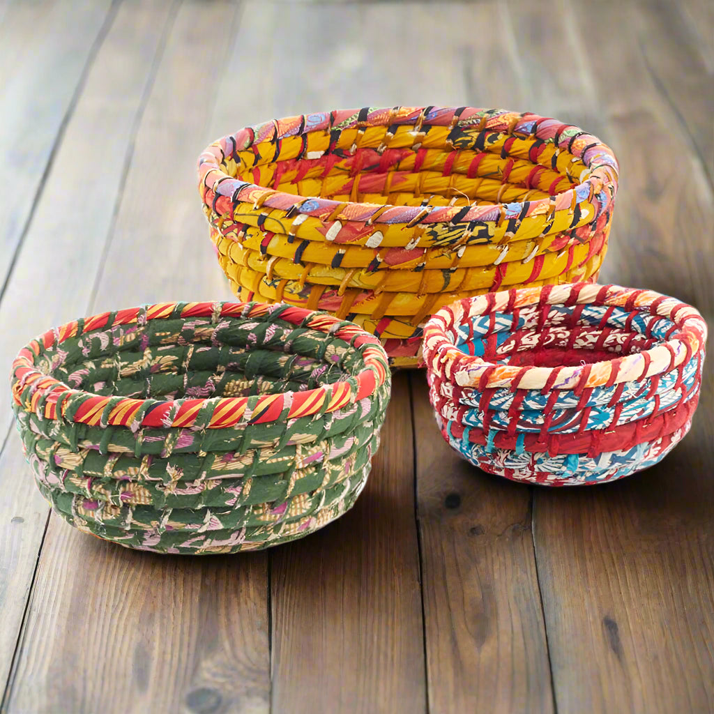 Colourful Round Recycled Sari Basket - PROK070 - Small - Uneeka