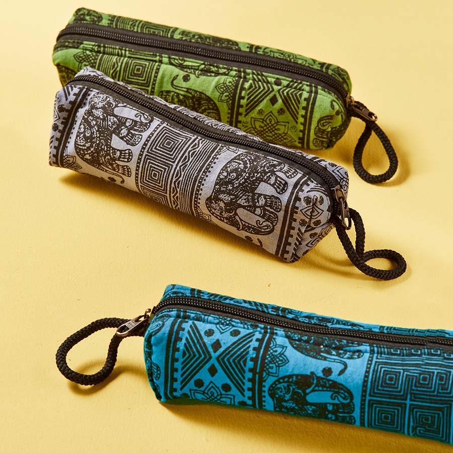 Elephant Design Zipped Pencil Case - PC51 - GREEN - Uneeka
