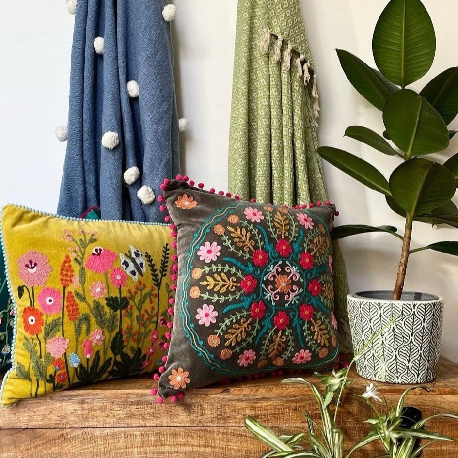 Embroidered Cotton Velvet Square Cushions - CC241 - Uneeka