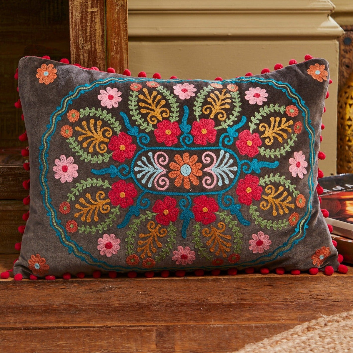 Embroidered Velvet Cushion with Pom Pom Edge - CC240 - Uneeka