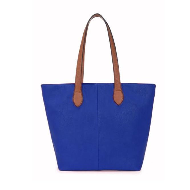 Faux Leather Hand Bag with Contrasting Handle and Zip - 288 - 1 - RBLUE - Uneeka