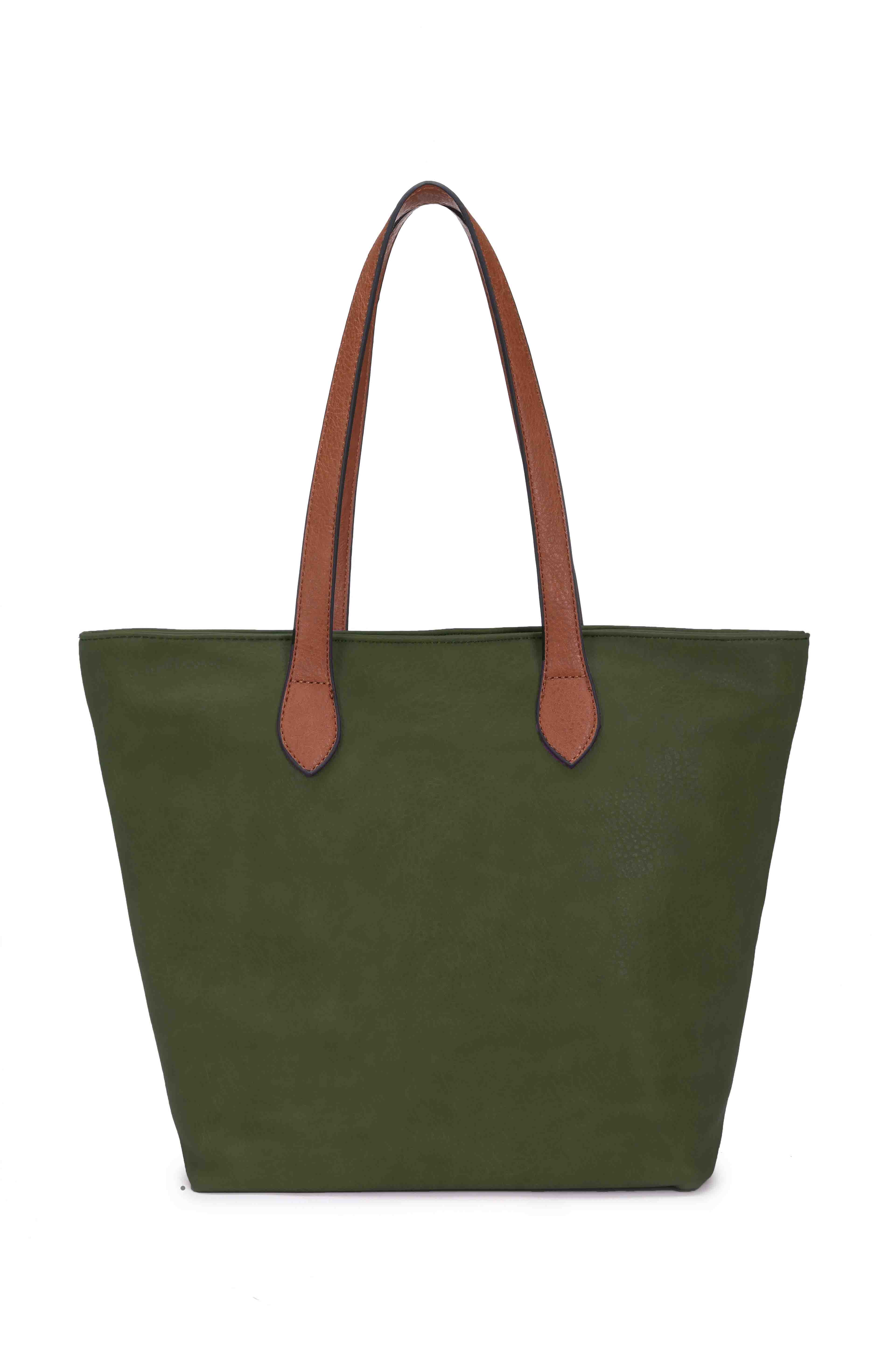 Faux Leather Hand Bag with Contrasting Handle and Zip - 288 - 1 D.GREEN - Uneeka