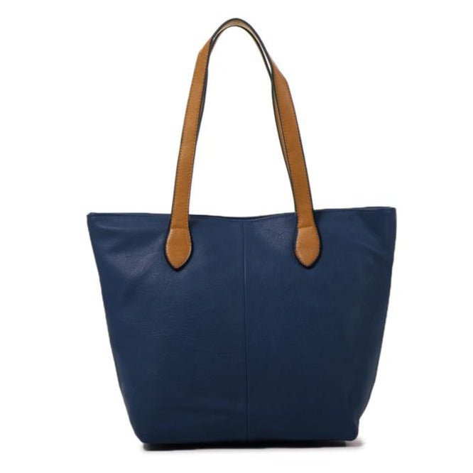 Faux Leather Hand Bag with Contrasting Handle and Zip - 288 - 1 - NBLUE - Uneeka