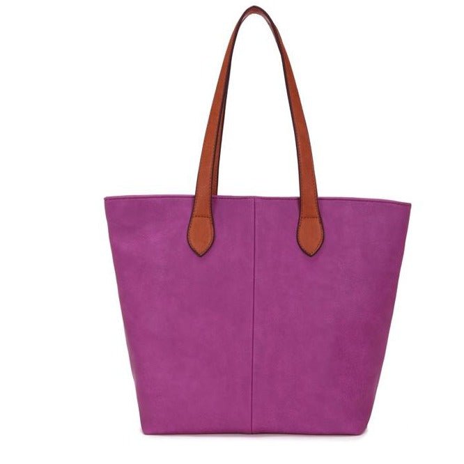 Faux Leather Hand Bag with Contrasting Handle and Zip - 288 - 1 - PURPLE - Uneeka