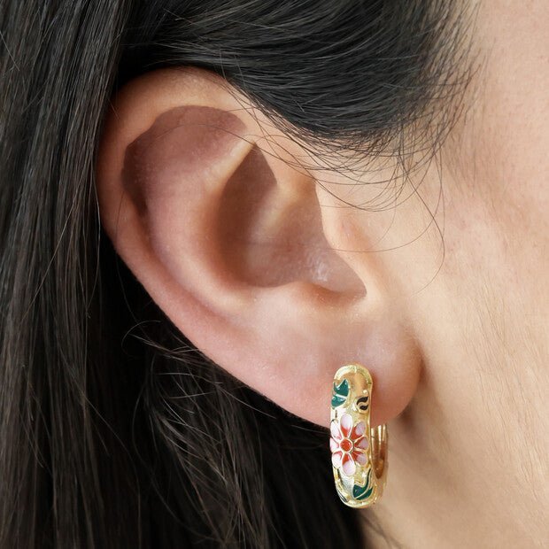 Floral Cloisonné Hoop Earrings - 66160 - Uneeka