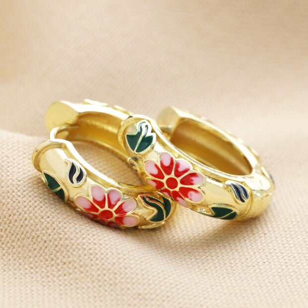 Floral Cloisonné Hoop Earrings - 66180 - Uneeka