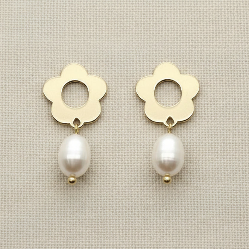Flower Shape & Natural Pearl Drop Earrings - CE - 4237 - GD - Uneeka