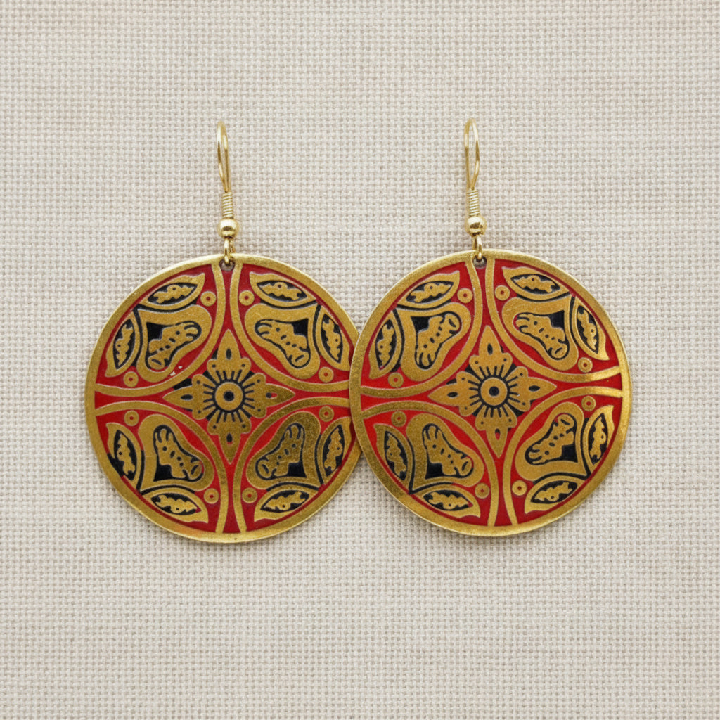 Gold & Red Patterned Round Brass Earrings - TARE2406 - Uneeka