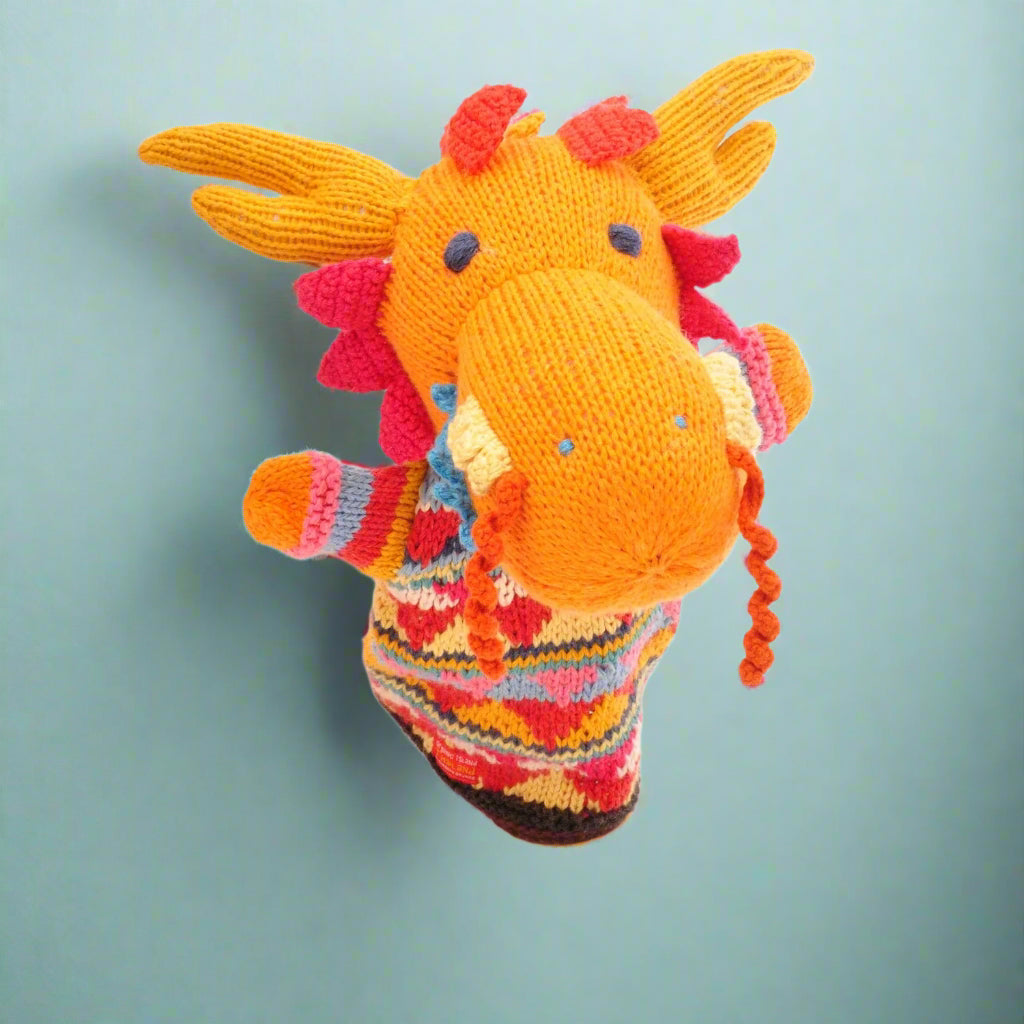 Hand Knitted Orange Dragon In Jumper Hand Puppet - SYP035 - Uneeka