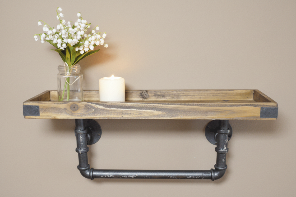 Industrial Wooden & Metal Pipe Shelf - 4555 - Uneeka