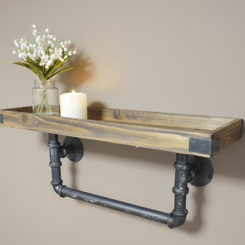 Industrial Wooden & Metal Pipe Shelf - 4555 - Uneeka