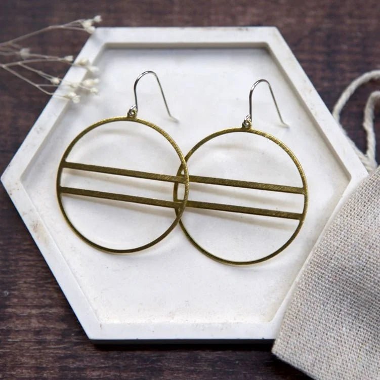 Large Assorted Shape Brass Earrings - LB017 Lined Circle - Uneeka