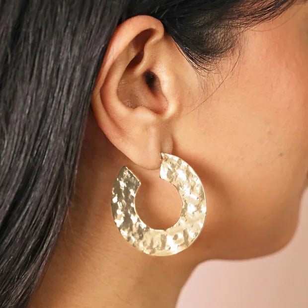 Large Gold Hammered Flat Hoop Earrings - 78075 - Uneeka