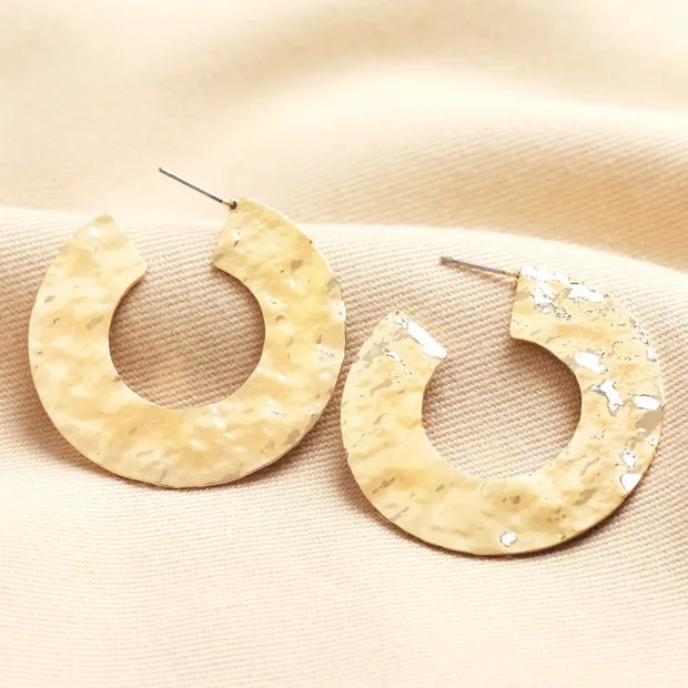 Large Gold Hammered Flat Hoop Earrings - 78075 - Uneeka