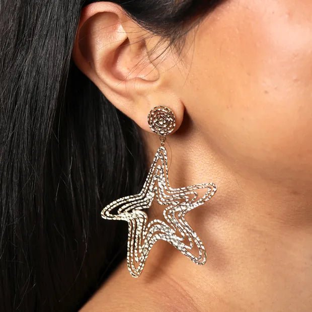 Large Gold Hammered Starfish Outline Drop Earrings - 77834 - Uneeka