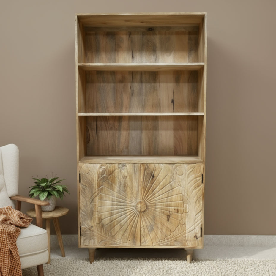 Mango Wood Engraved Bookcase - 12027 - Uneeka