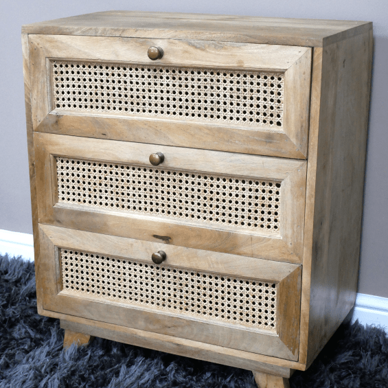 Mango Wood & Rattan Three Drawer Bedside Cabinet - 9763 - Uneeka