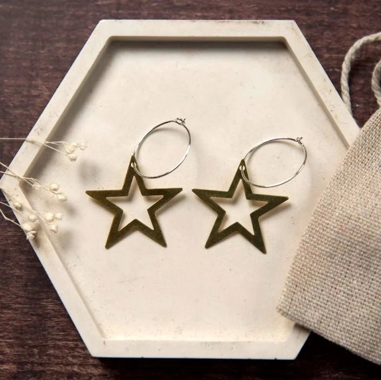 Medium Brass Assorted Shape Hoop Earrings - Emily's Pick - MB013 Open Star - Uneeka