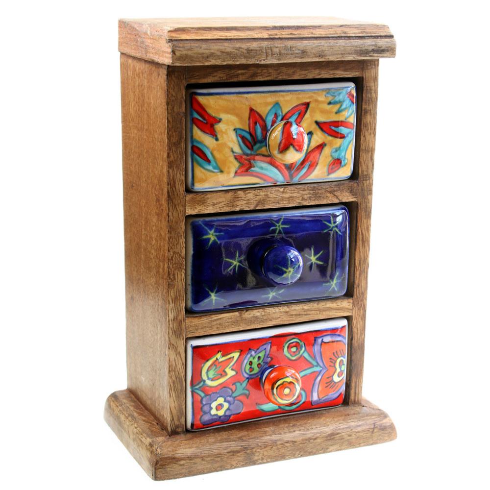 Mini Wooden Chest with 3 Ceramic Drawers - H005 - Uneeka
