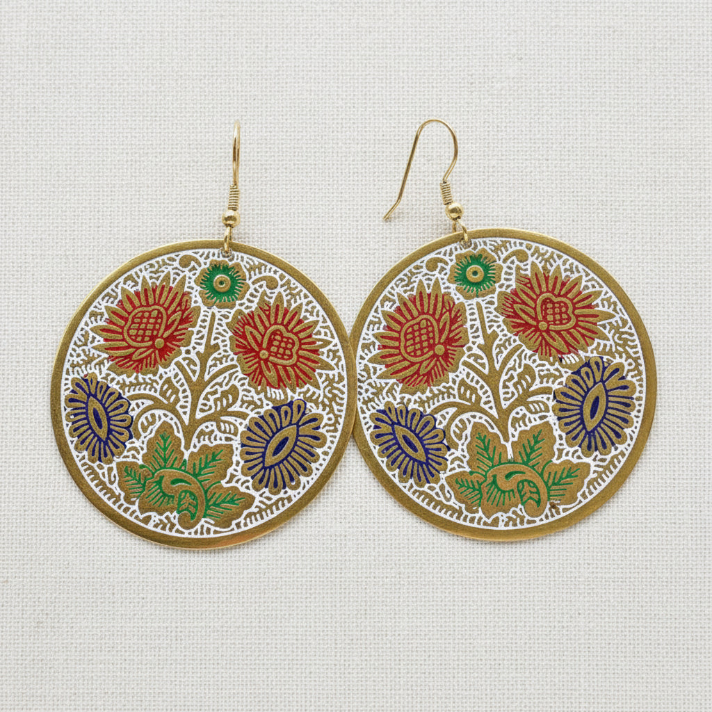 Multi Colour Floral Round Brass Earrings - TARE2412 - Uneeka