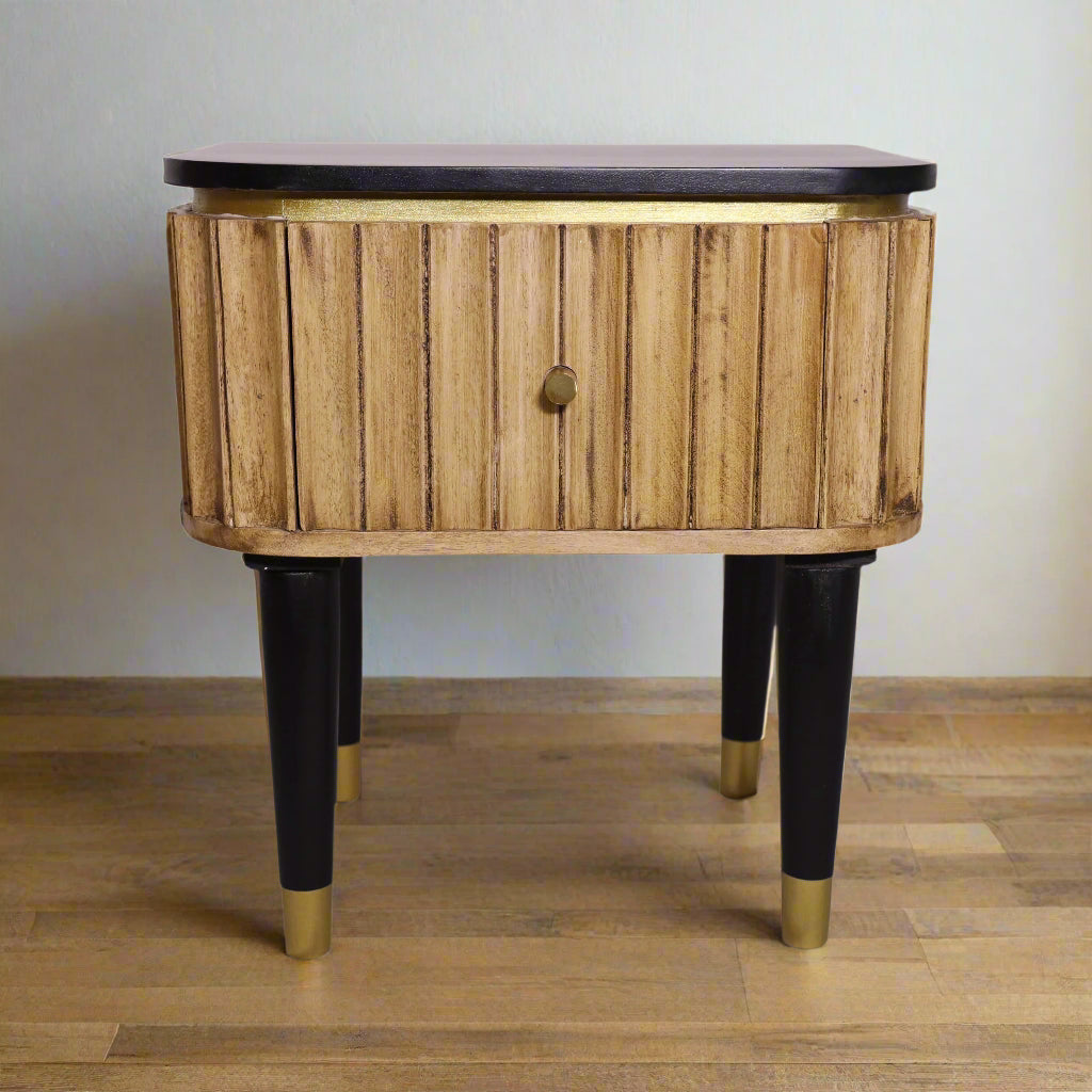 Panelled Wood Curved One Drawer Bedside Table - M2142 - Uneeka