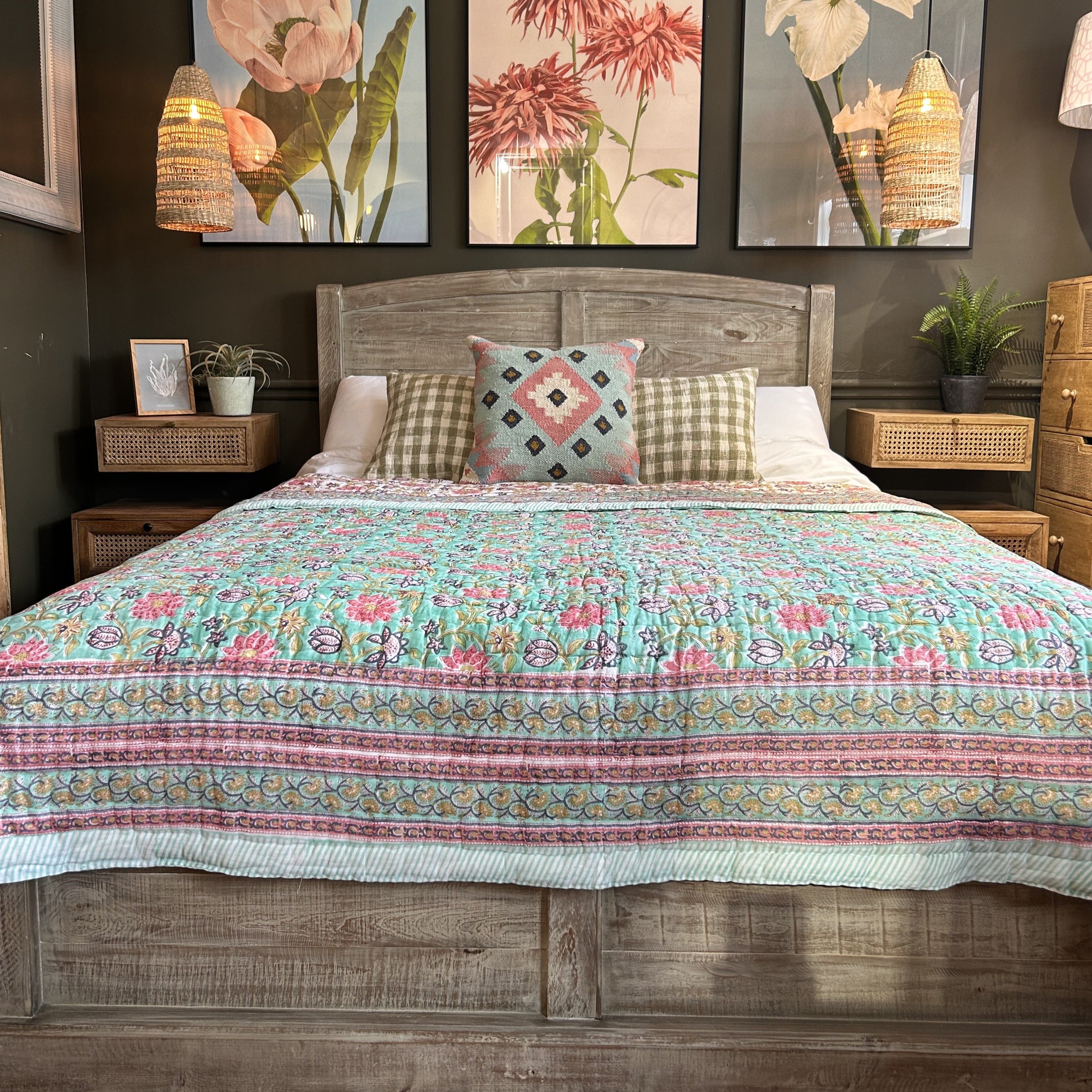 Pink & Blue Floral Blockprint Reversible Double Quilt - Q135 - Uneeka