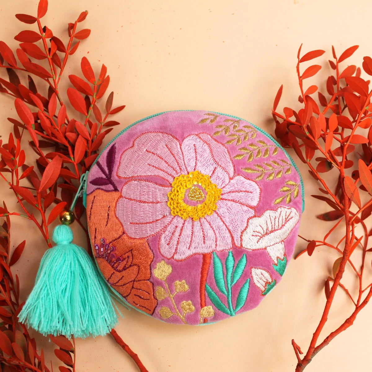 Embroidered Pink Floral Round Purse - PORNDHPK001 - Uneeka