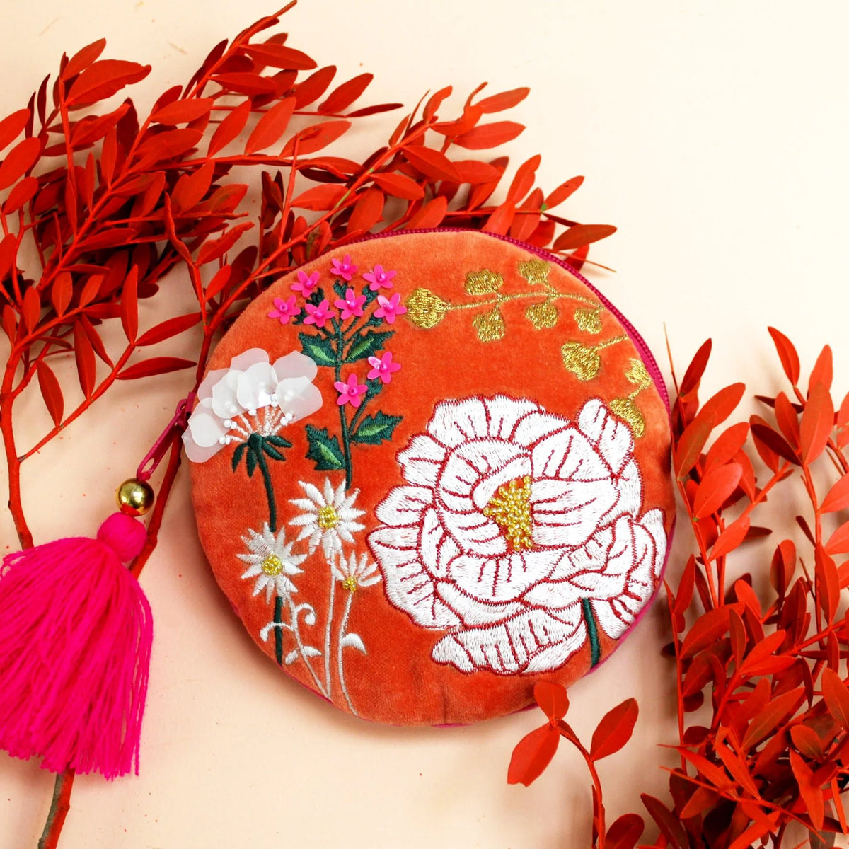 Embroidered Orange Floral Round Purse - PORNDORA001 - Uneeka