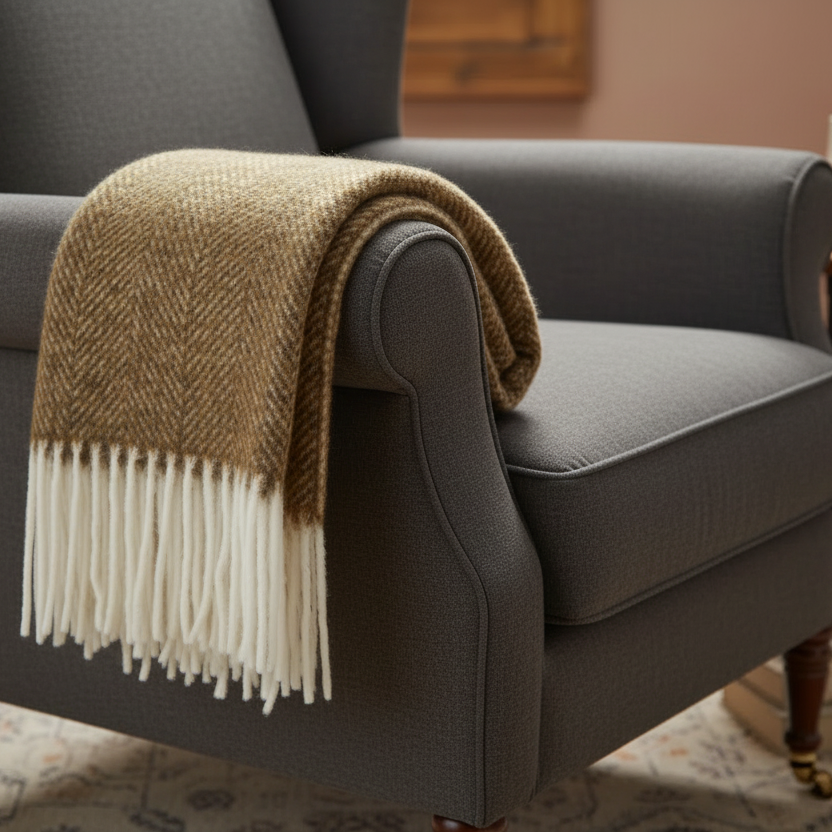 Woollen Herringbone Throw with Tassels - LAMBTS - Uneeka