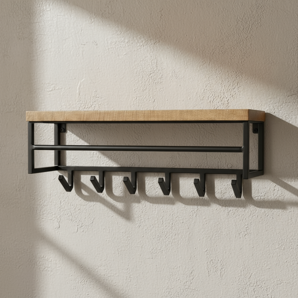 Mango Wood & Iron Shelf With Hooks - 10841 - Uneeka