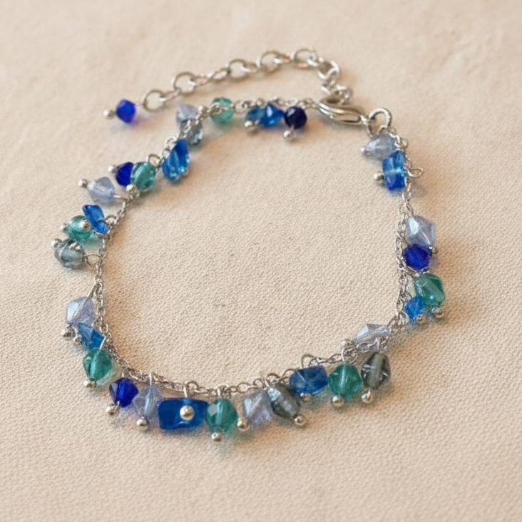 Blue & Green Hanging Bead Silver Bracelet - TAR1020 - Uneeka