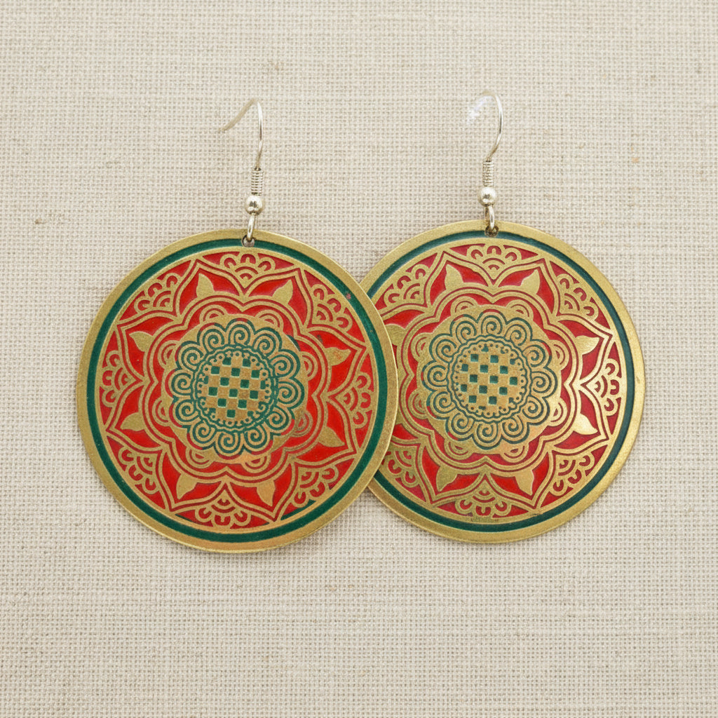 Red & Green Patterned Round Brass Earrings - TARE2411 - Uneeka
