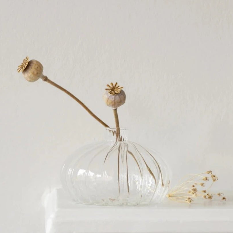 Ribbed Short Clear Glass Vase - B21250 - Uneeka