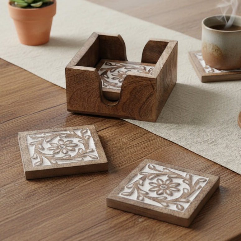 Set Of 4 Daisy Carved Wooden Coasters & Holder - CO120 - Uneeka