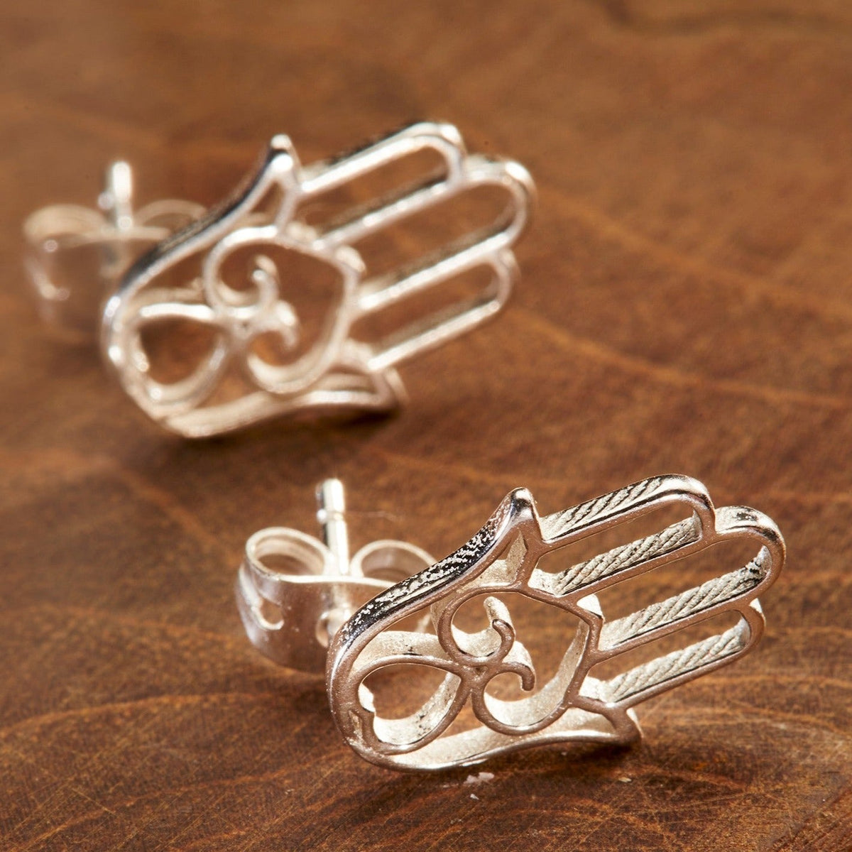Silver Finish Hamsa Hand Stud Earrings - ER2S - Uneeka