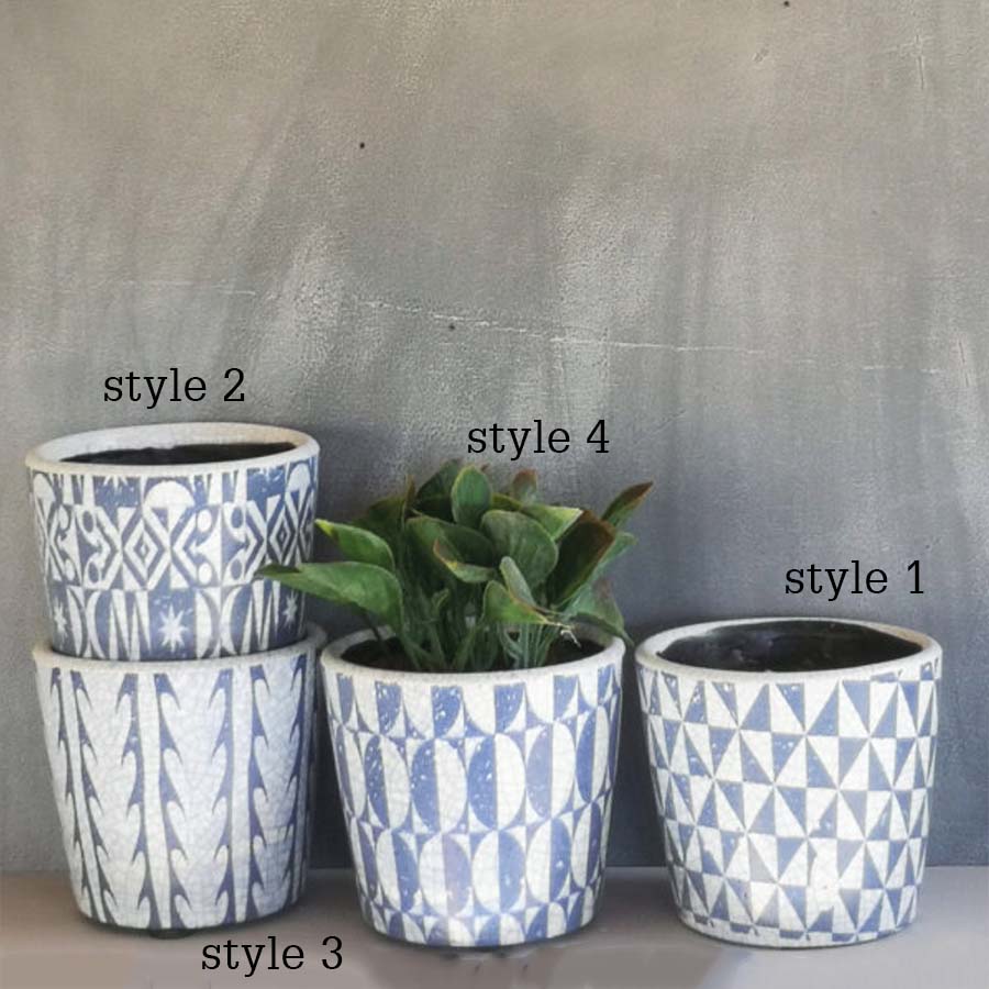 Small Blue Assorted Patterned Plant Pots - CV02042 - DIAMONDS - Uneeka