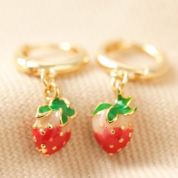 Tiny Coloured Enamel Strawberry Huggie Hoop Earrings - 59448 - Uneeka